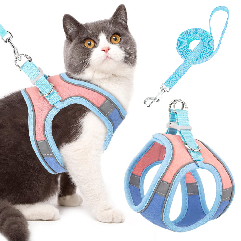 Cat Harness with 1.5m Leash, Cat Belt Adjustable Size Breathable Cat Vest Strap with Safety Reflective Strip, Cat Leash with Harness for Small Cat and Dog (M, Blue)