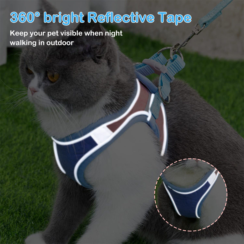 Cat Harness with 1.5m Leash, Cat Belt Adjustable Size Breathable Cat Vest Strap with Safety Reflective Strip, Cat Leash with Harness for Small Cat and Dog (M, Blue)