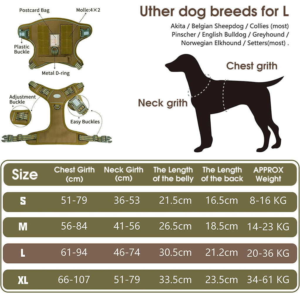 Nylon Dog Harness, No-Pull Dog Strap Pet Safety Belt with Control Handle, Harness for Medium Dogs with Reflective Tape and 2 Connecting Rings (Army Yellow, L, 20-36kg)