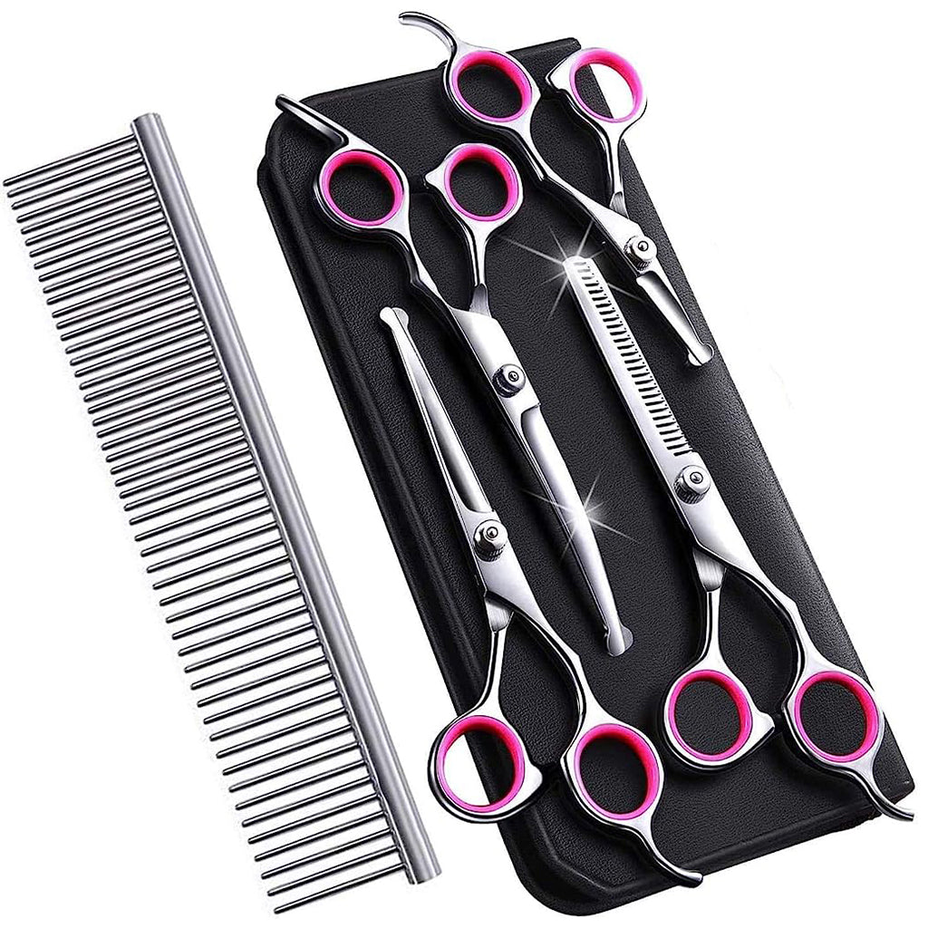 Dog Grooming Kit 5 Pack, Stainless Steel Dog Trimmer Kit, Pet Grooming Scissors Set with Grooming Comb, Cutting Scissors Thinning Shear Curved Scissors, Grooming Hair for Small Large Dog Cat