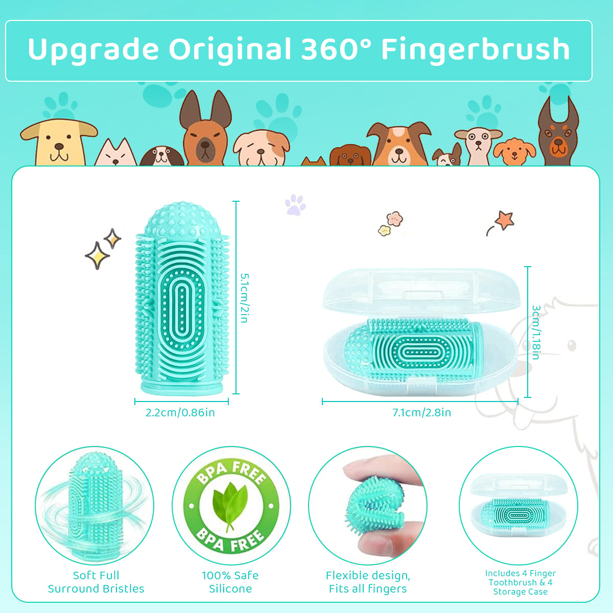 Dog Toothbrush, Dog Finger Toothbrush with Storage Case, Pet Teeth Cleaning Set Soft Silicone Finger Toothbrush Protecting Cat Dog Dental Health Pets Oral Care Supplies, Green