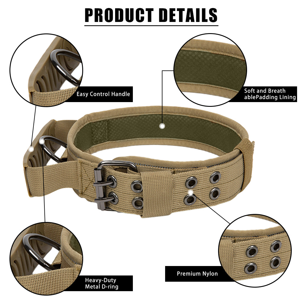 Dog Collar Nylon Tactical Dog Collar with D Ring & Handle Adjustable Dog Collar with Reflective Safety Strip Dog Training Collar for Medium Large Dogs(XL, 20''-25.5'')