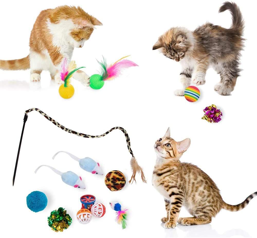 Cat Toys Kitten Toys Cat Toy for Indoor Cats Cat Feathers Wand Cat Interactive Toys Set with Mouse Mice Balls and Bells Toys for Cats Kitten Toys for Kttens to Play