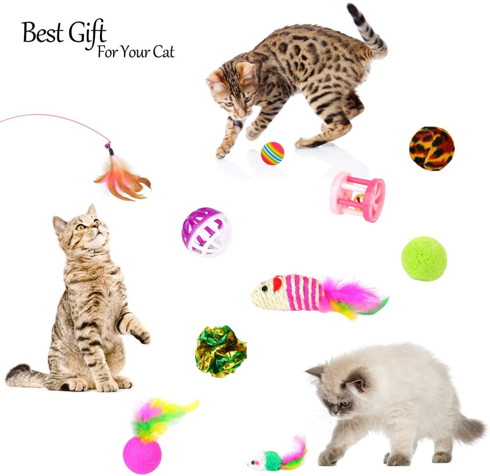 Cat Toys Kitten Toys Cat Toy for Indoor Cats Cat Feathers Wand Cat Interactive Toys Set with Mouse Mice Balls and Bells Toys for Cats Kitty Kitten Cat Games and Toys (20 Pcs) (Red)