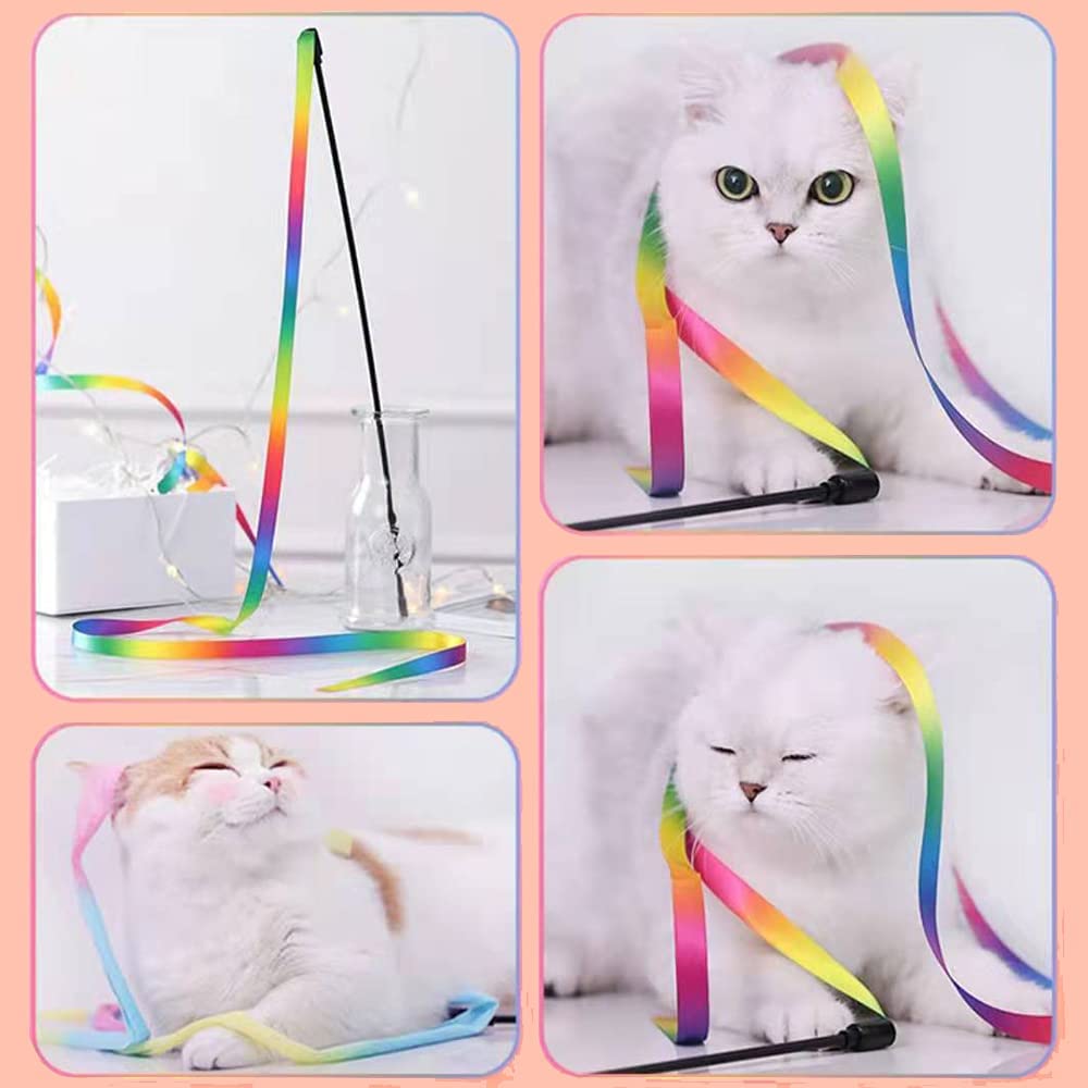 Qpets Cat Rainbow Wand Toys Interactive Cat Toy Colorful Ribbon Charme