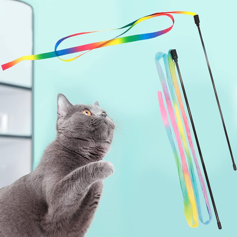 Qpets Cat Rainbow Wand Toys Interactive Cat Toy Colorful Ribbon Charme