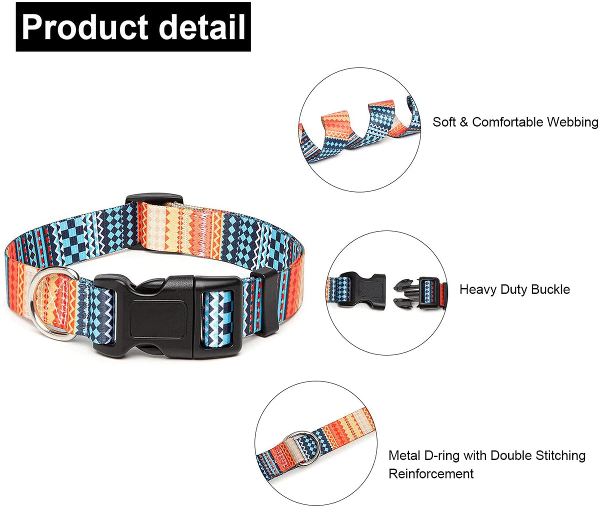 Bohemia Style Dog Collar with Patterns Adjustable 40-60cm Soft Comfy Pet Collars Dog Belt for Small Medium Large 30-40KG Dogs